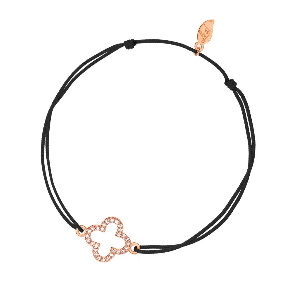Pulsera trébol de la suerte, circonitas, baño de oro rosa de 18 K, color negro