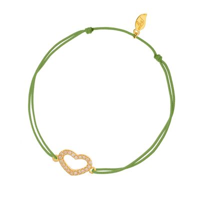 Bracelet porte-bonheur coeur zircone, plaqué or jaune, vert