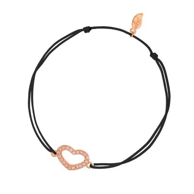Bracelet porte-bonheur coeur oxyde de zirconium, plaqué or rose, noir