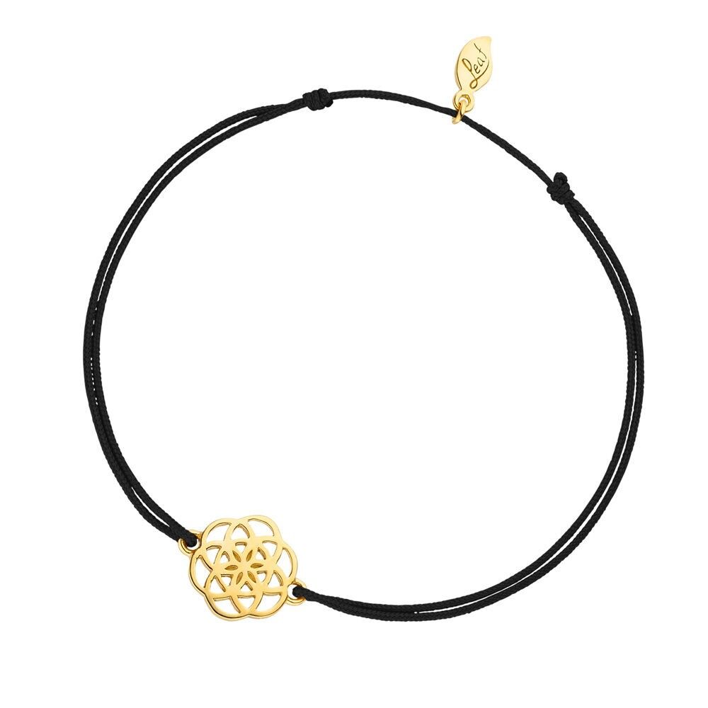 Glücksbändchen Flower of Life, 18K Gelbgold vergoldet, Schwarz