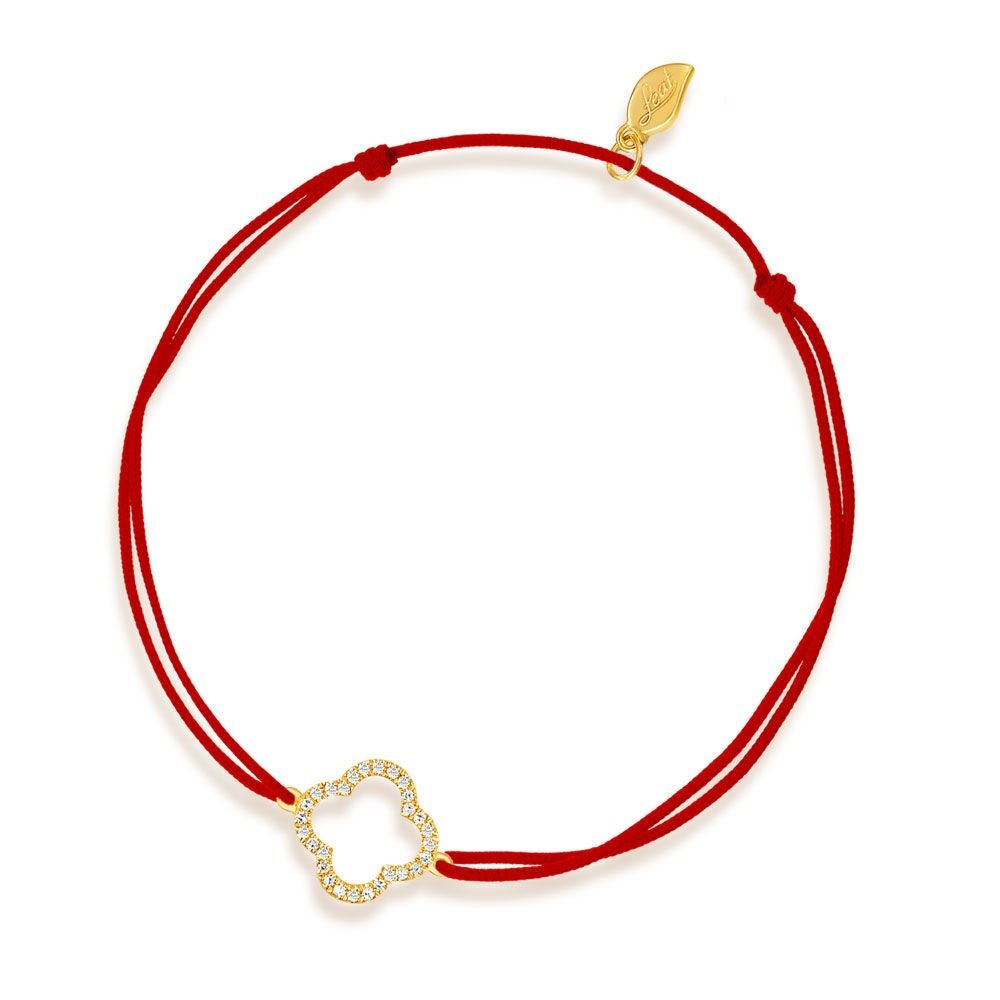 Pulsera de la suerte hoja de trébol con diamantes, oro amarillo de 18 k, rojo