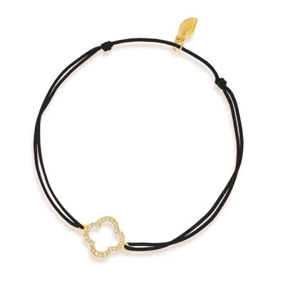 Pulsera de la suerte hoja de trébol con diamantes, oro amarillo de 18 k, negro