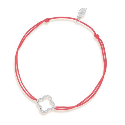 Pulsera de la suerte hoja de trébol con diamantes, oro blanco de 18 k, coral