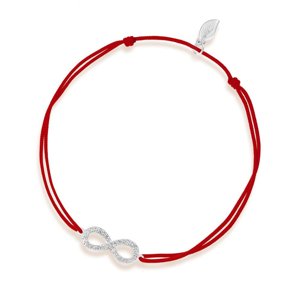 Infinity lucky bracelet with diamonds, 18K white gold, red