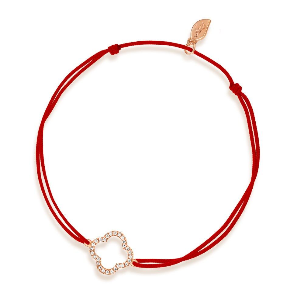 Luck bracelet shamrock with diamonds, 18 k rose gold, red
