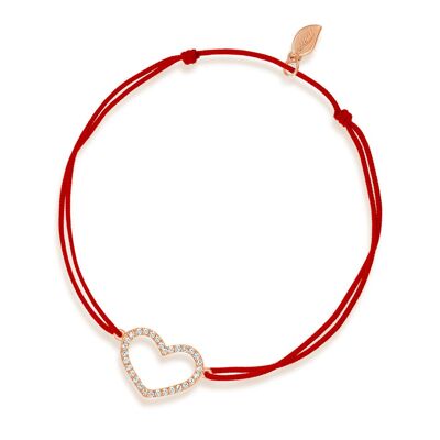 Bracelet porte-bonheur coeur avec diamants, or rose 18 carats, rouge