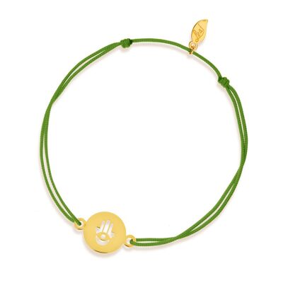 Lucky bracelet Hand of Fatima, 14K yellow gold, green