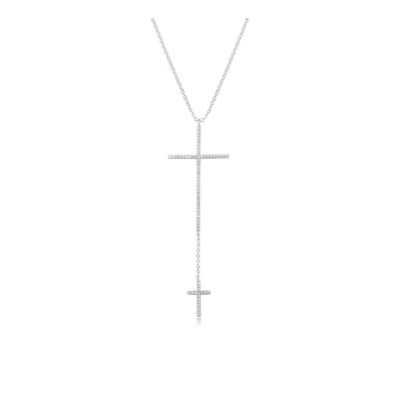 Collier 2 croix avec diamants, or blanc 18K