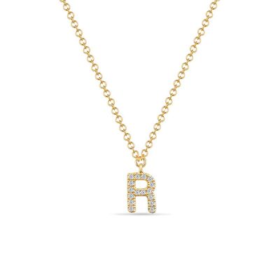 Collana Lettera "R", oro giallo 14K con diamanti