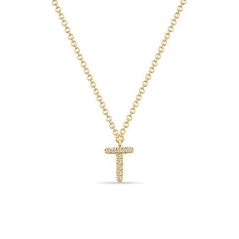 Collier Lettre "T", or jaune 14K avec diamants 1