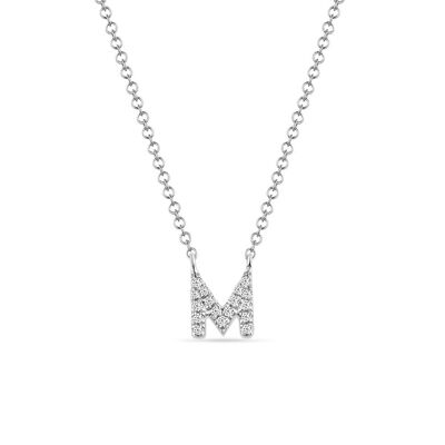 Collar Letra "M", oro blanco de 14 quilates con diamantes