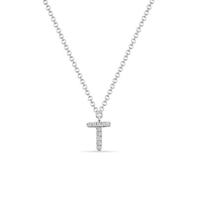 Collier Lettre "T", or blanc 14K avec diamants