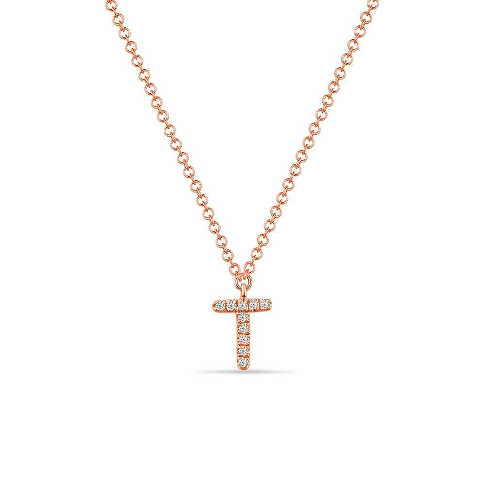 Halskette Letter "T", 14 K Rosegold mit Diamanten
