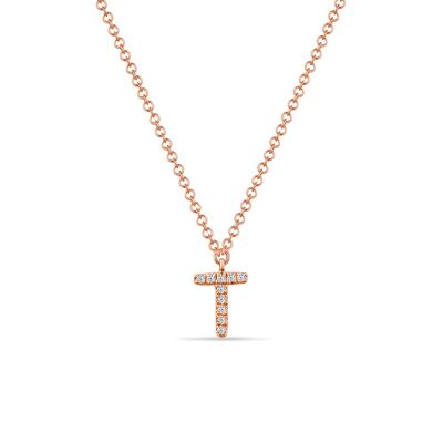 Collana lettera "T", oro rosa 14 K con diamanti