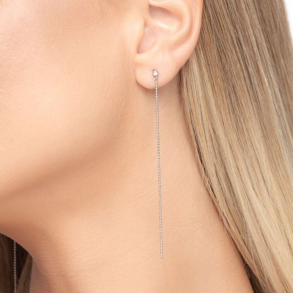 "My first diamond" stud earrings, ball chain, 14K white gold