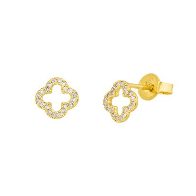 Clover ear studs with diamonds, 18K yellow gold