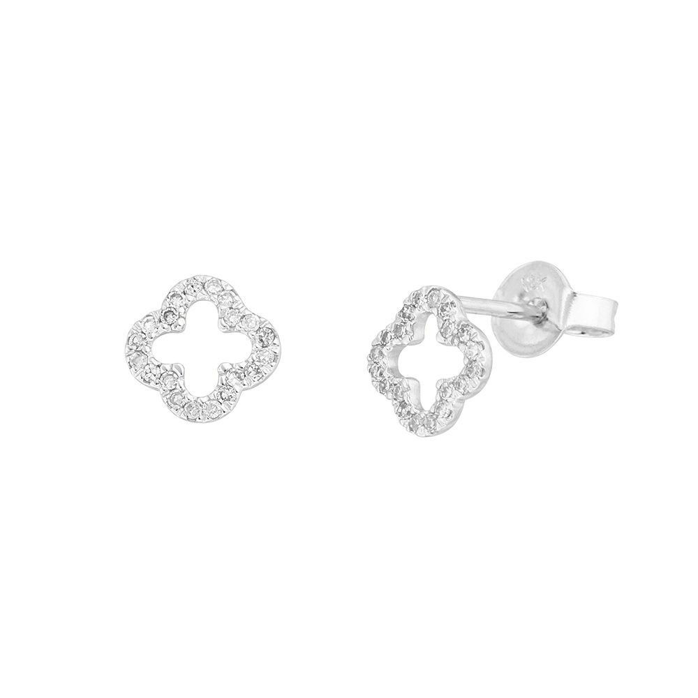 Clous d'oreilles trèfle avec diamants, or blanc 18 carats