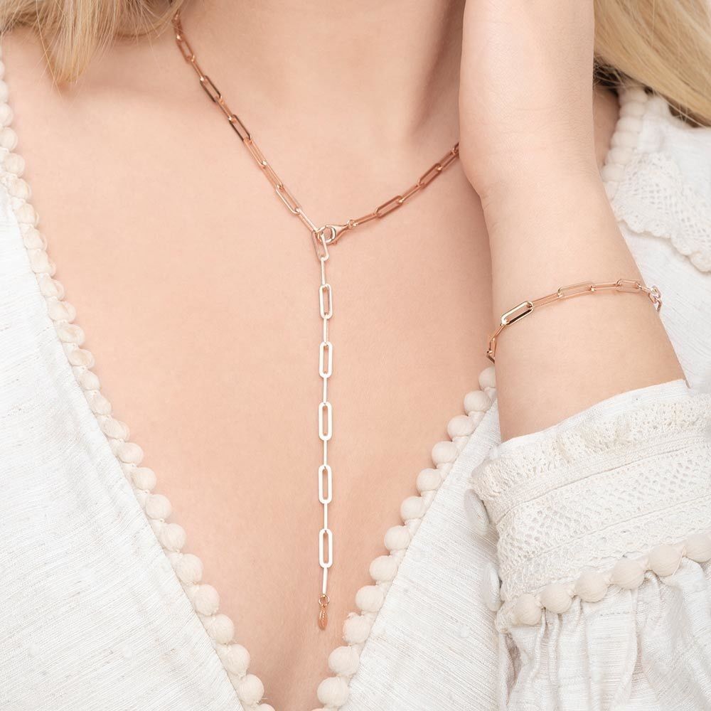 Collar en Y cuadrado, 52 cm, baño de oro rosa de 18 k