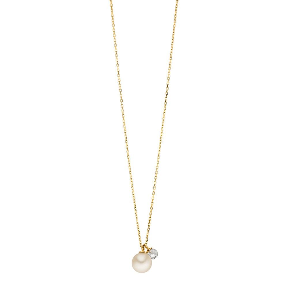 Two Drop necklace, 18 k yellow gold plated, pearl / rock crystal