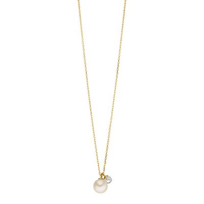 Two Drop necklace, 18 k yellow gold plated, pearl / rock crystal