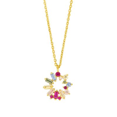 Necklace CUBE FLOWER, multi color zirconia, 18 K yellow gold plated
