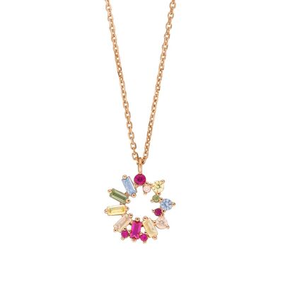 Necklace CUBE FLOWER, multi color zirconia, 18 K rose gold plated
