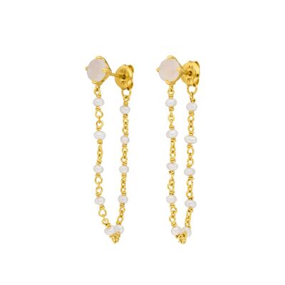 Flying Gem earrings, pearl / rose quartz, 18 k yellow gold plated
