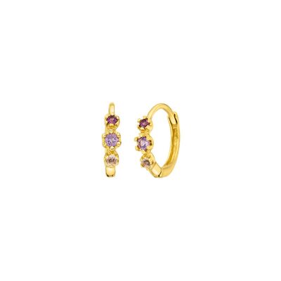 Hoop Earrings Three Gems, Amethyst, 18K Yellow Gold Plated