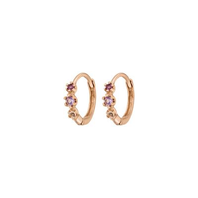 Hoop Earrings Three Gems, Amethyst, 18k Rose Gold Plated