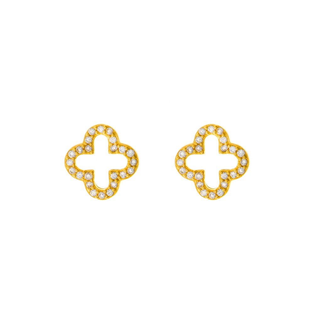 Clous d'oreilles feuille de trèfle avec zircone, plaqué or jaune 18 carats