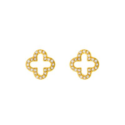 Ear studs clover leaf with zirconia, 18 k yellow gold plated