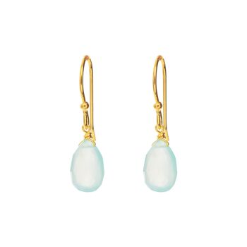 Boucles d'Oreilles Pendantes, Plaqué Or Jaune 18K, Aqua Calcédoine