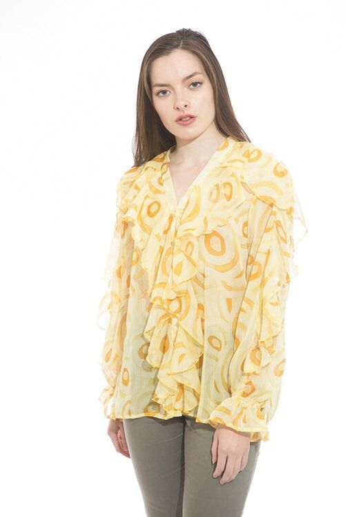 Top chemise boutonnée jaune à imprimé bohémien avec volants et col V