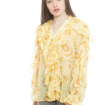 Yellow button-down shirt top in bohemian print with ruffles and V-neck