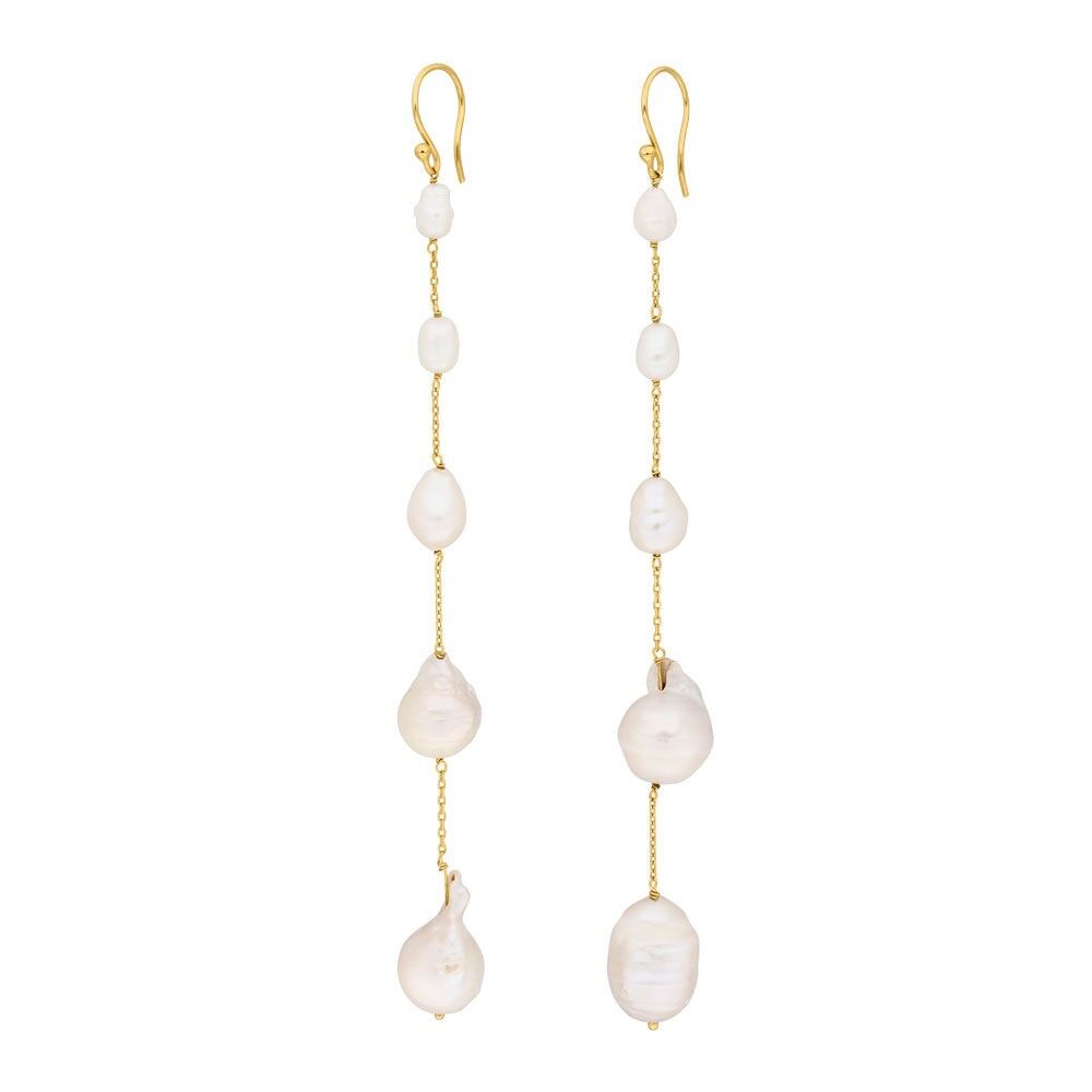 Orecchini perla barocca, lunghi, placcati oro giallo 18 carati