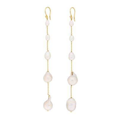 Boucles d'oreilles perle baroque, longues, plaqué or jaune 18 carats