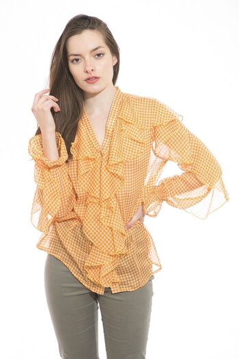 Top chemise boutonnée orange, à imprimé pattes de poule avec volants et col V 4