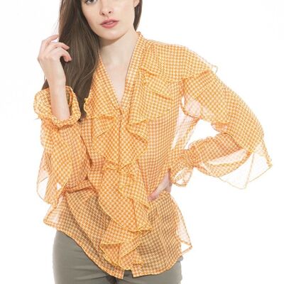 Orange button-down shirt top, houndstooth print with ruffles and V-neck