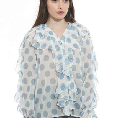 Blue polka-dot print button-down shirt top with ruffles and V-neck