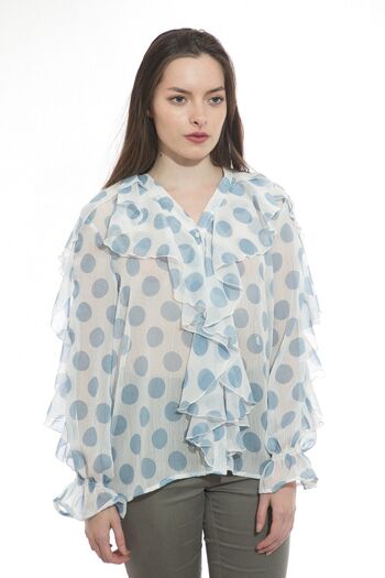 Top chemise boutonnée à imprimé à pois bleus avec volants et col V 1