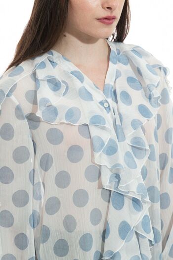 Top chemise boutonnée à imprimé à pois bleus avec volants et col V 2