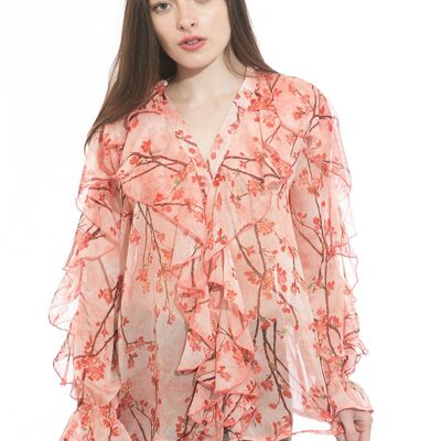 Top camicia button-down rosa stampa sakura con volant e scollo a V