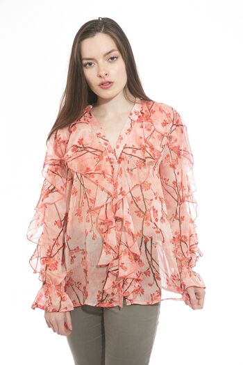 Top chemise boutonnée rose à imprimé sakura avec volants et col V 1