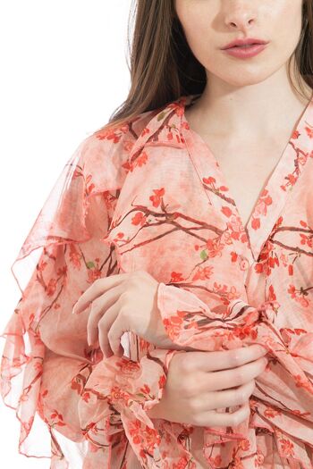 Top chemise boutonnée rose à imprimé sakura avec volants et col V 2