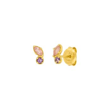 Boucles d'oreilles clous Two Gems, quartz rose, plaqué or jaune 18 carats 1