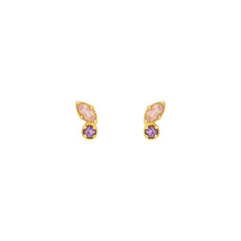 Boucles d'oreilles clous Two Gems, quartz rose, plaqué or jaune 18 carats 2