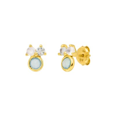 Three Gems Stud Earrings, Aqua Chalcedony, 18K Yellow Gold Plated