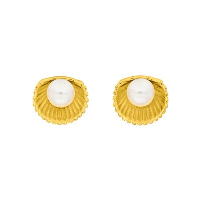 Ear studs shell with pearl, 18K yellow gold plated