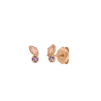 Clous d'oreilles deux gemmes, quartz rose, plaqué or rose 18 carats 1