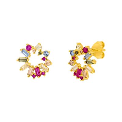 Ear studs CUBE FLOWER, multi color zirconia, 18 K yellow gold plated